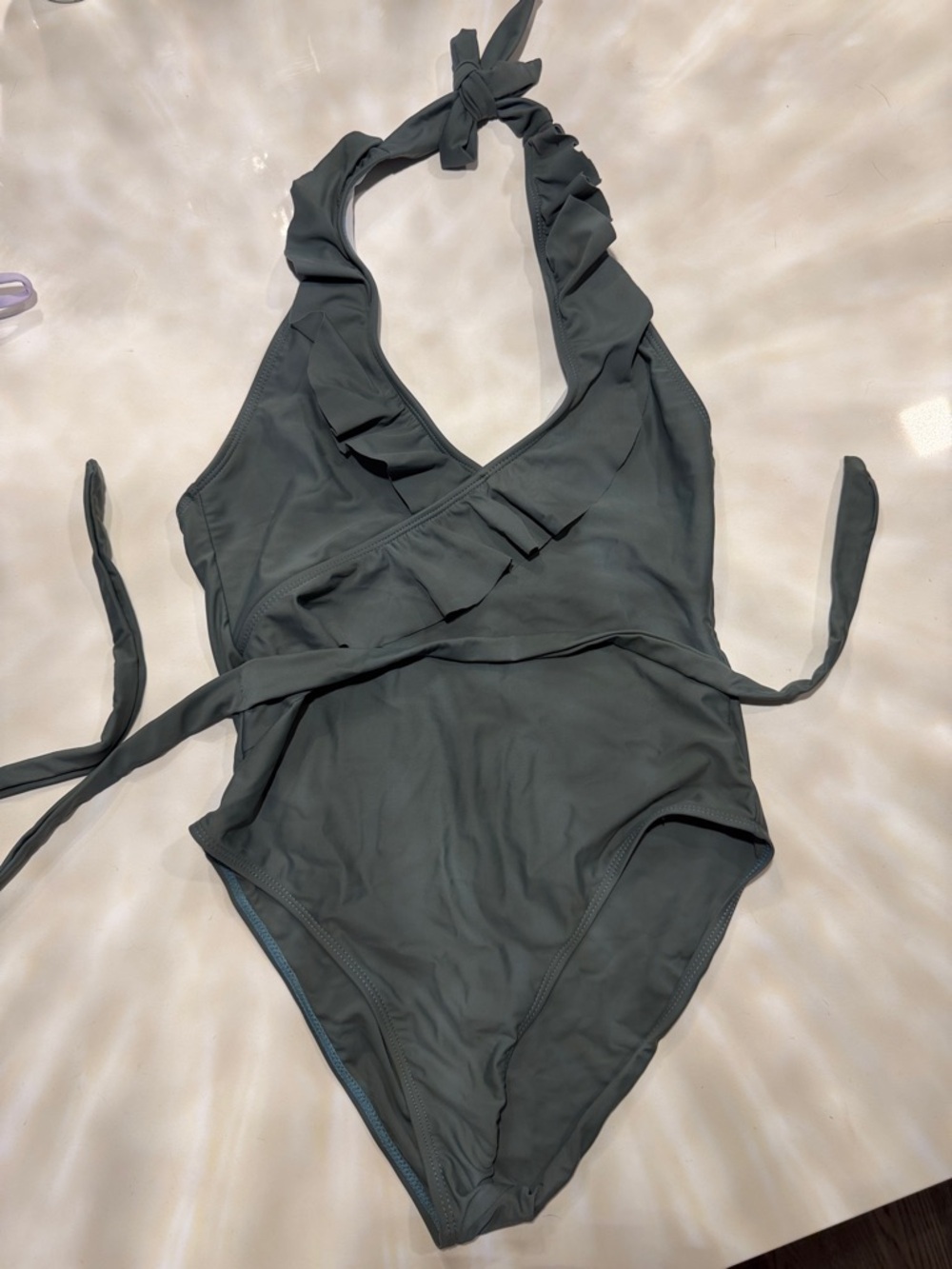 Girls' Ruffle One-Piece Swimsuit in Slate Green